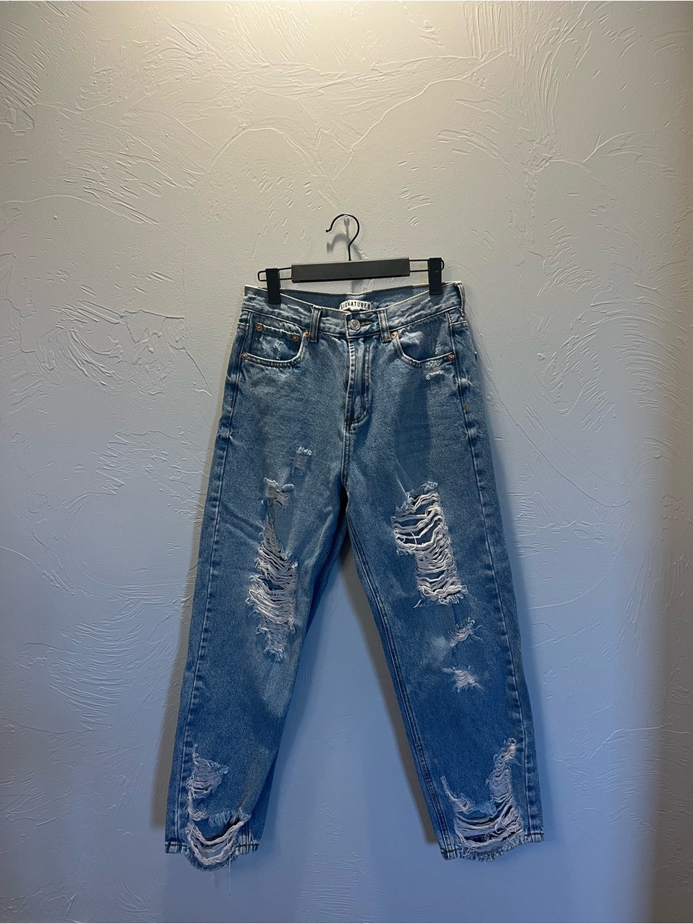 Signature 8 Medium Wash Denim High Waisted Distressed Mom Jeans